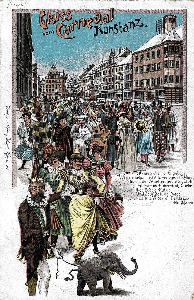 Sonderpostkarte zur Konstanzer Fasnacht, die um 1890 auch „Carneval“ genannt wird.