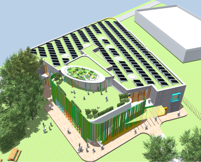 Blick von oben das Dach: Darauf befinden sich eine Dachterrasse mit Kreativzentrum sowie Solarpanels.