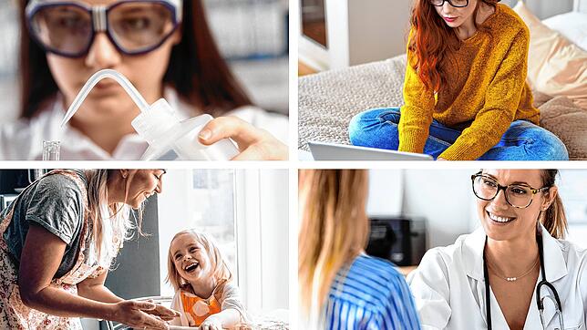 Eine Laborantin (von links oben im Uhrzeigersinn), eine Studentin, eine Ärztin und eine Mutter mit ihrer Tochter: Frauen steht heute die ...