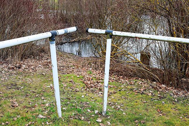 Hier muss die Ortsverwaltung Rietheim einen Zaun errichten, damit Bälle vom Fußballplatz nicht in den vom Biber angestauten Bach fallen ...