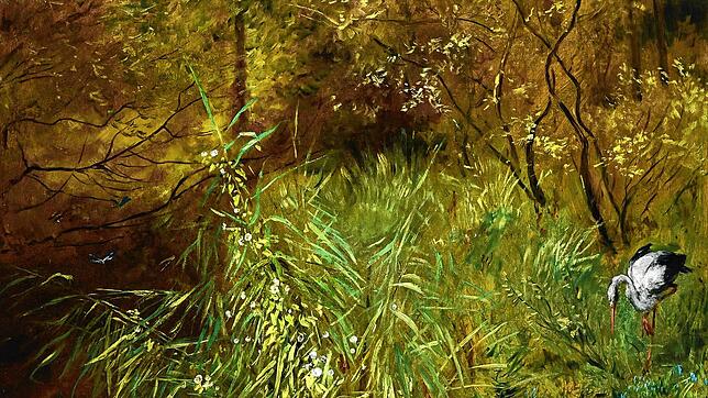 Hans Thoma: Ein Ausschnitt aus &bdquo;Sommerlandschaft mit Storch&ldquo;.