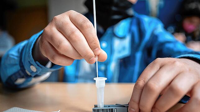 Ein Schüler führt in Rheinland-Pfalz einen Corona-Schnelltest an sich selbst durch. Im Südwesten sind die Tests ab Montag Pflicht.