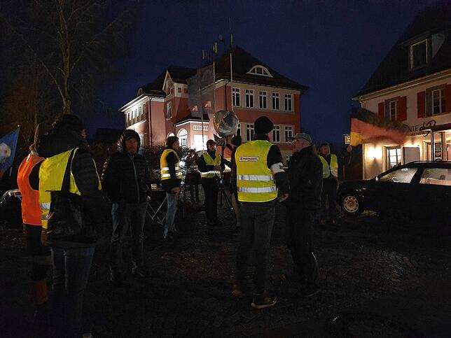 Mit wehender Deutschland-Fahne gegen Windkraft: Die AfD-Demo, im Hintergrund das Heiligenberger Rathaus.