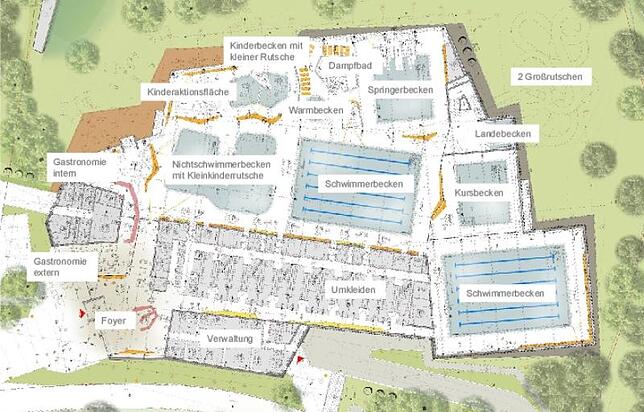 So soll es innen aufgeteilt sein, das neue Schwaketenbad. Es würde bei einem Neubau näher an den Parkplatz und damit mehr ins Blickfeld ...