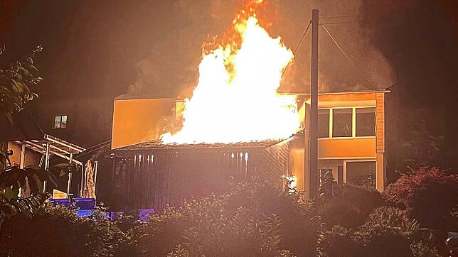 Bild : Ein Feuer zerstört einen Holzschopf mitten im Dorfzentrum – zwei Haustiere sterben in den Flammen