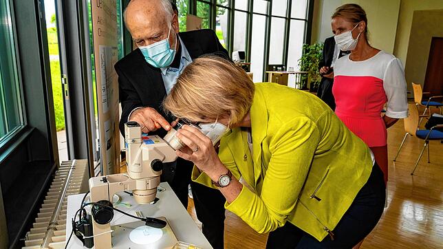 Institutsleiter Yiannos Manoli erklärt Bundesforschungsministerin Anja Karliczek am Mikroskop, an welchen Entwicklungen sein Team gerade ...