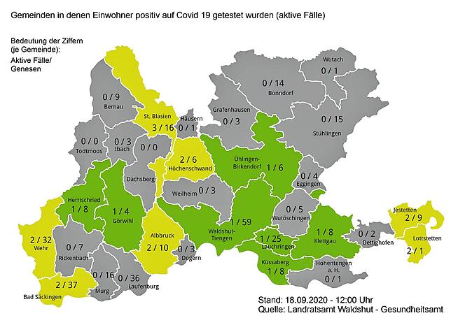 Zahl der Sars-CoV-2-Infektionen und Genesenen in den Städten und Gemeinden im Landkreis Waldshut am 18. September 2020.