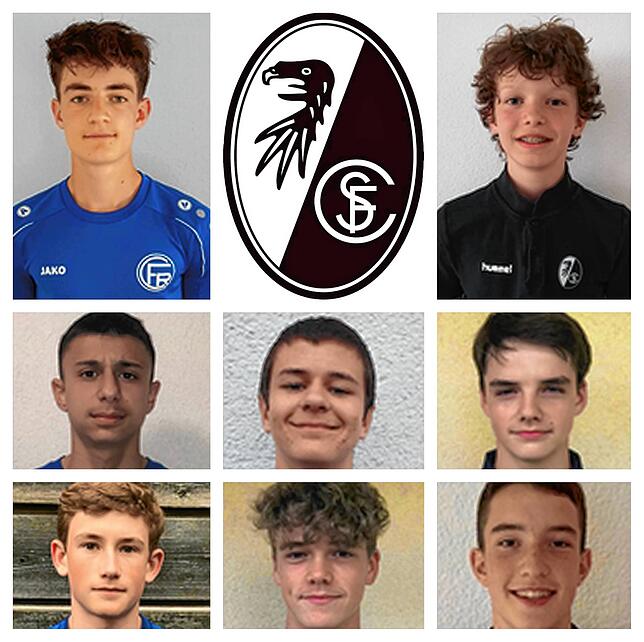 Die Talente aus der Fördergruppe, die seit 2019 zum SC Freiburg gewechselt sind: (oben, von links) Julian Merk und Rouven Tarnutzer; ...
