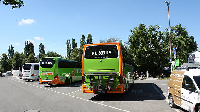Noch werden die grün-orangen Fernbusse des Unternehmens Flixbus, hier am Döbele-Parkplatz, auf der Fähre anders behandelt als zum ...