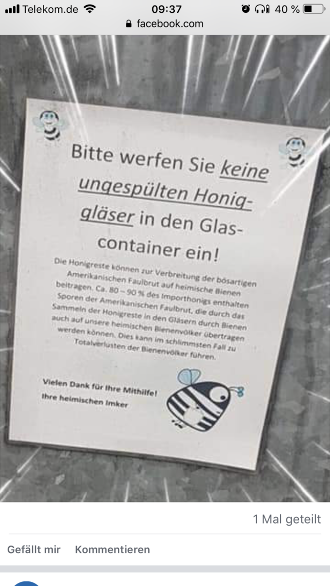 Derzeit werden solche Hinweise verbreitet, die zum Spülen von Honiggläsern auffordern.