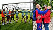 Linkes Bild: Die spanischen Stars tragen das Tor beim ersten Training. Am Samstag trainierten die Iberer das letzte Mal auf dem ...