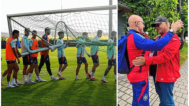 Linkes Bild: Die spanischen Stars tragen das Tor beim ersten Training. Am Samstag trainierten die Iberer das letzte Mal auf dem ...