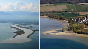 Wenn aus der Mündung des Rheins in den Bodensee bei Bregenz (links) dauerhaft nicht genug Wasser kommt, sieht es am Obersee irgendwann ...