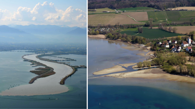 Wenn aus der Mündung des Rheins in den Bodensee bei Bregenz (links) dauerhaft nicht genug Wasser kommt, sieht es am Obersee irgendwann ...