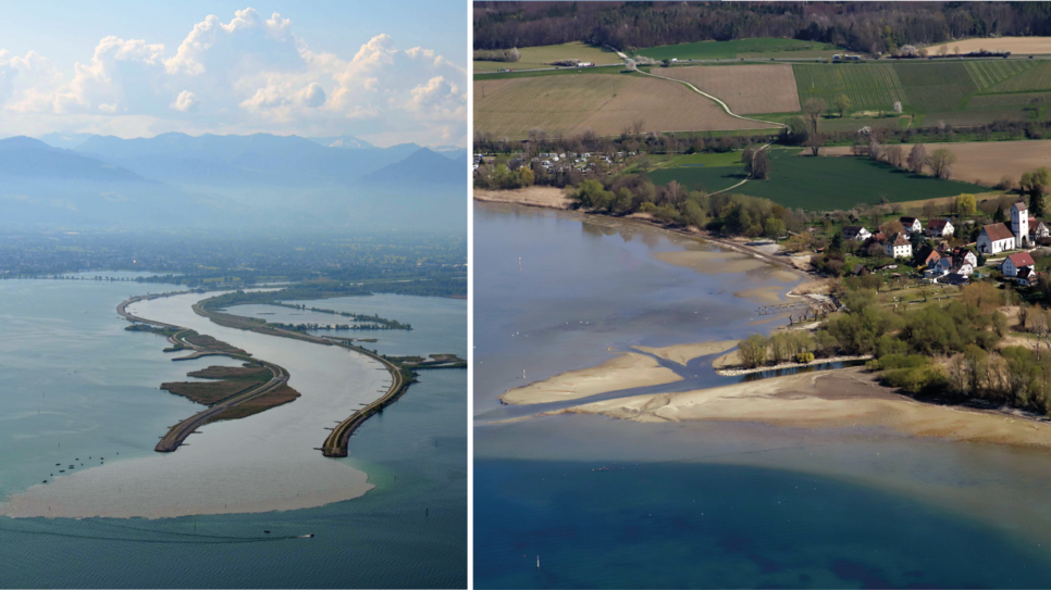 Wenn aus der Mündung des Rheins in den Bodensee bei Bregenz (links) dauerhaft nicht genug Wasser kommt, sieht es am Obersee irgendwann ...
