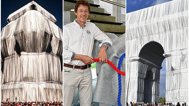 Links der 1995 durch den Künstler Christo verhüllte Reichstag in Berlin, rechts der 2021 verhüllte Pariser Triumphbogen. In der Mitte ...