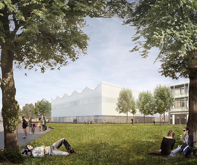 Fotorealistische Entwürfe der neuen Sporthalle, die auf dem Schulcampus in Überlingen gebaut wird.