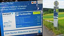 Unsere Bildcollage zeigt den Bildschirm des Parkautomaten sowie das Hinweisschild am Kirnbergsee im Sommer 2023, nachdem zusätzliche ...