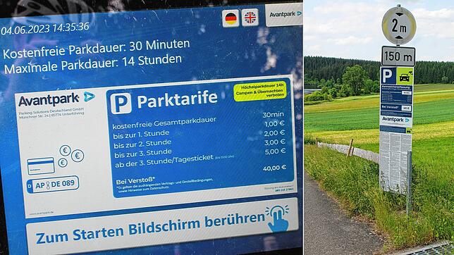 Unsere Bildcollage zeigt den Bildschirm des Parkautomaten sowie das Hinweisschild am Kirnbergsee im Sommer 2023, nachdem zusätzliche ...