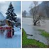Eine Schneefräse im Einsatz, Hochwasser in Tiengen (Symbolbilder). Im Januar 1995 schneit es erst unaufhörlich, dann setzt ein ...