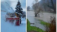 Eine Schneefräse im Einsatz, Hochwasser in Tiengen (Symbolbilder). Im Januar 1995 schneit es erst unaufhörlich, dann setzt ein ...