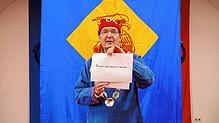Poppele Zunftmeister Stephan Glunk verkündet in der digitalen Martini-Sitzung das neue Fasnachtsmotto: &bdquo;Fasnet &ndash; mit Abstand ...