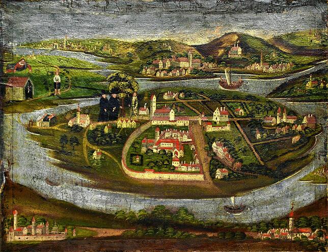 Auf diesem Gemälde aus der Mitte des 18. Jahrhunderts von der Insel Reichenau ist die Kindlebildkapelle (links) überdimensional ...