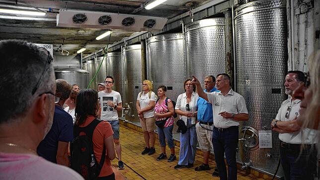 Im alten Keller im historischen Gebäude des Winzervereins stehen noch einige Tanks mit Restbeständen des Jahrgangs 2023. Geschäftsführer ...