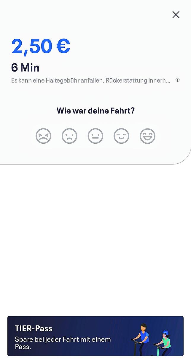 Die Fahrt mit dem E-Scooter ist beendet. Sechs Minuten kosten den Nutzer 2,50 Euro.