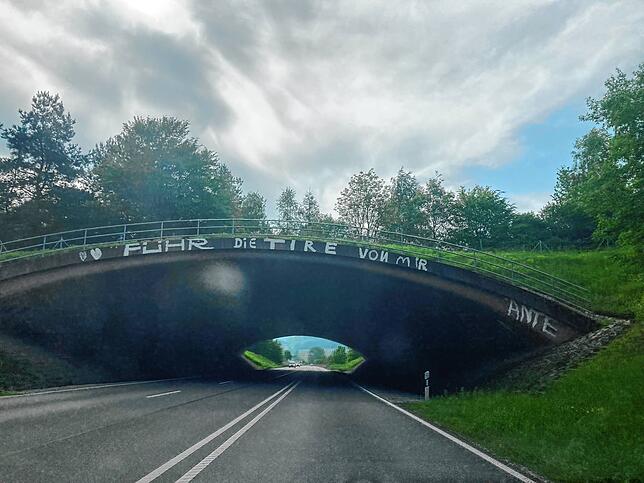 Die selbe Brücke Anfang Mai 2023. Dort steht: &bdquo;FÜHR DIE TIRE VON MIR.&ldquo;