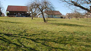 Auf diese Wiese in Adelhausen kommt der Naturkindergarten mit zwei Bauwagen. Oberhalb ist der Weg „Im Hungerich“. Eltern dürfen den Weg ...