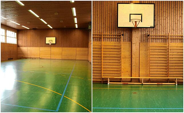 Ein Blick in die 1954 erbaute Halle an der Lehenstraße. Das Feld ist nur 13 mal 26 Meter groß. An einem der zwei Basketballkörbe fehlt ...