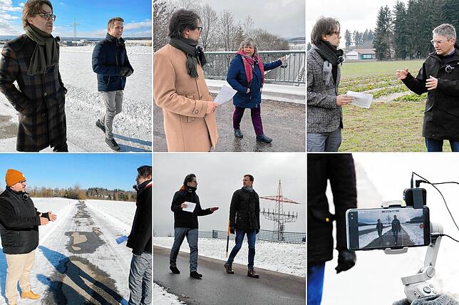 SÜDKURIER-Redaktionsleiter Norbert Trippl spaziert mit den Landtagskandidaten Martina Braun (Grüne), Raphael Rabe (CDU), Martin ...