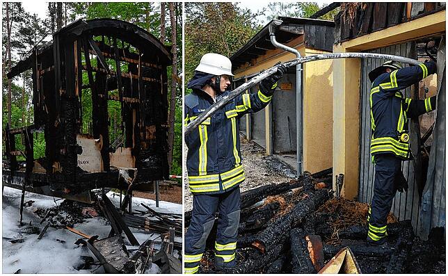 Auch der Bauwagen des städtischen Waldkindergartens brannte bis aufs stählerne Gerippe nieder (links). Im Lilienweg war die Feuerwehr ...