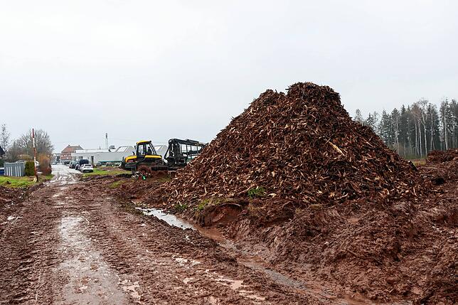 Ein großer Berg gemulchte Rinde und Wurzelstöcke türmen sich auf der gerodeten Fläche am südlichen Ender der Waldstraße in Mönchweiler auf.