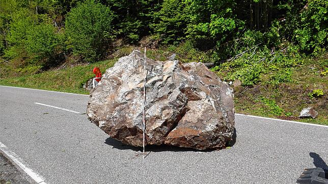 Dieser Fels ist auf die L149 bei Todtnau-Präg gestürzt. Nun muss der Hang oberhalb der Straße gesichert werden, denn weitere Felsen ...