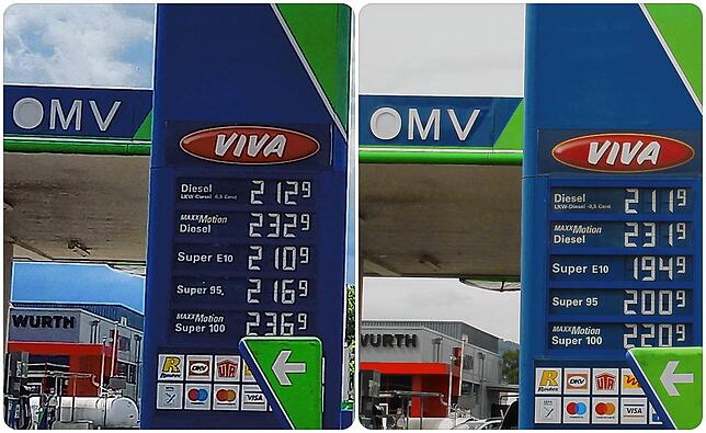 Der Preisunterschied zwischen Dienstag (links) und Mittwoch beträgt an der OMV in Bad Säckingen zwischen einem und 16 Cent.