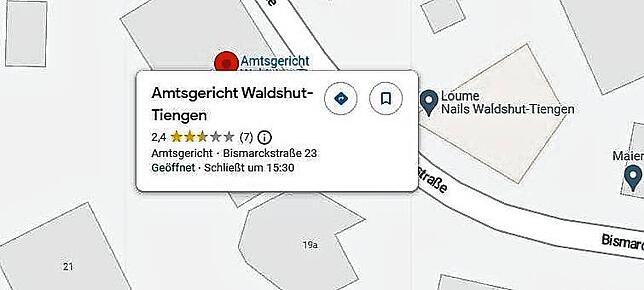 Bei den sieben Google-Bewertern eher weniger beliebt ist das Amtsgericht Waldshut-Tiengen.