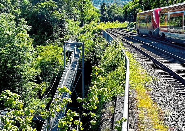Die fast 140 Meter lange Hängebrücke (unten links) ist ein Teil des 6,6 Kilometer langen Erlebniswegs der „Laufenburger Acht“.