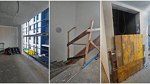 Balkone und Treppen ohne Geländer und ein leerer Aufzugsschacht.