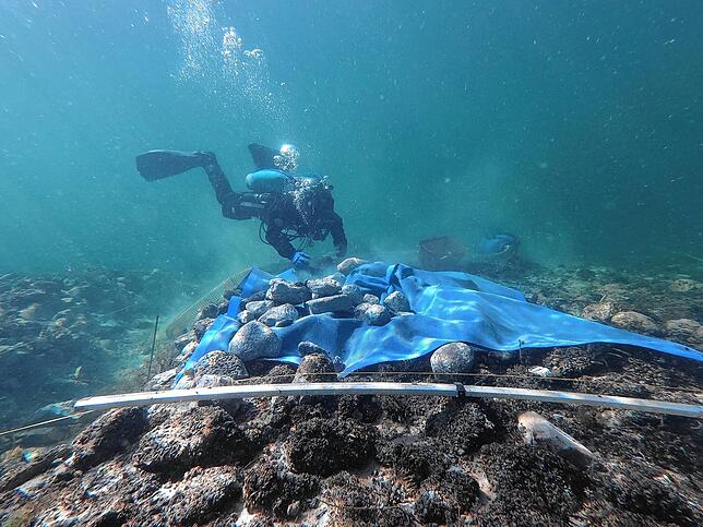Ein auffälliger Steinhügel unter Wasser.