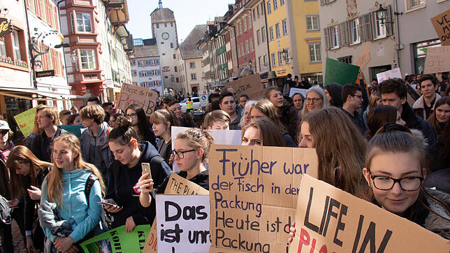 Demo am 22. März in Waldshut: 300 Schüler versammeln sich für eine fast zweistündige Kundgebung vor dem Waldshuter Rathaus.