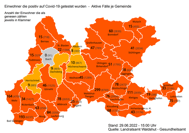 Zahl der Corona-Infektionen und der Genesenen im Kreis Waldshut am 29. Juni 2022.
