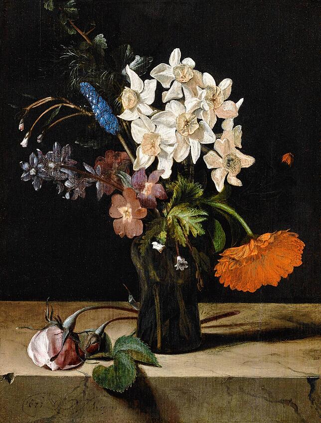 Gesucht: „Narzissen und andere Blumen in Glasvase auf einer Marmorplatte“, 1673 von Dirck de Bray.