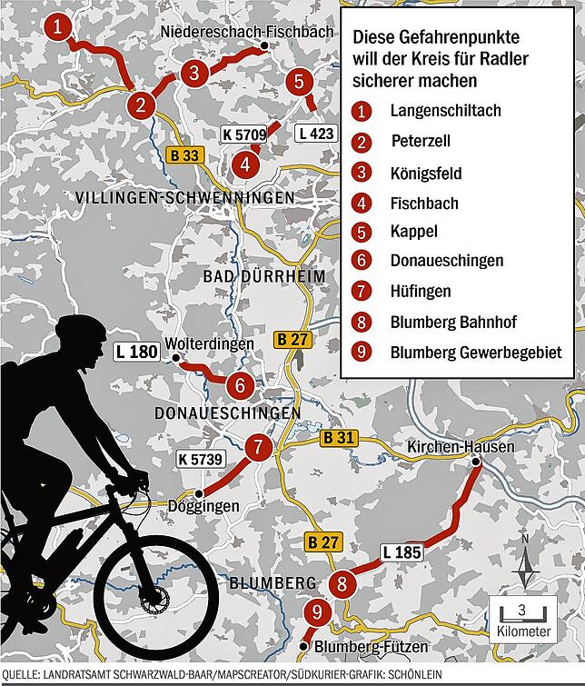 Bild 1: Der Schwarzwald-Baar-Kreis will jetzt die gefährlichsten Strecken für Radler markant verbessern