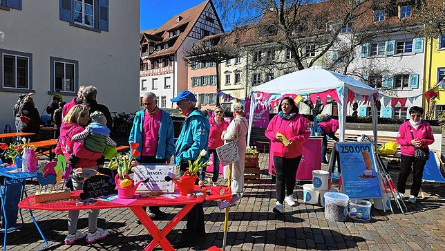 Die Stadtverschönerer informieren auf dem Olberplatz nicht nur über ihre Arbeit, sondern sammeln auch für die Tafel Überlingen.