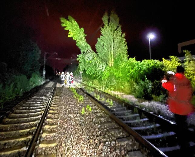 Aufräumarbeiten nach dem Gewittersturm: Einsatzkräfte der Freiwilligen Feuerwehr Allensbach schneiden die Bahnlinie frei. Der Verkehr ...