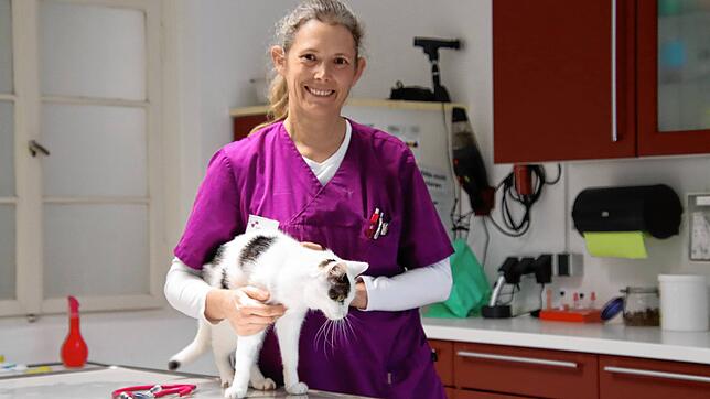 Tierärztin Sabine Kiewitt zusammen mit Kater Jacky, der ein neues Zuhause sucht.