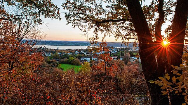Ein herbstlicher Sonnenuntergang über Überlingen, fotografiert vom &bdquo;Galgenbühl&ldquo; aus.