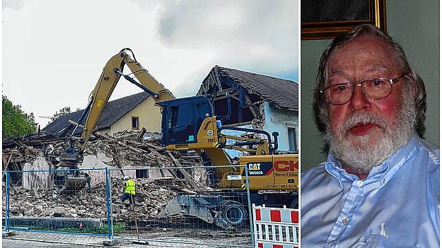 Obwohl das Landratsamt die Abbrucharbeiten tags zuvor hatte einstellen lassen, ließ Brennet-Chef Stephan Denk (rechts) den Abriss ...